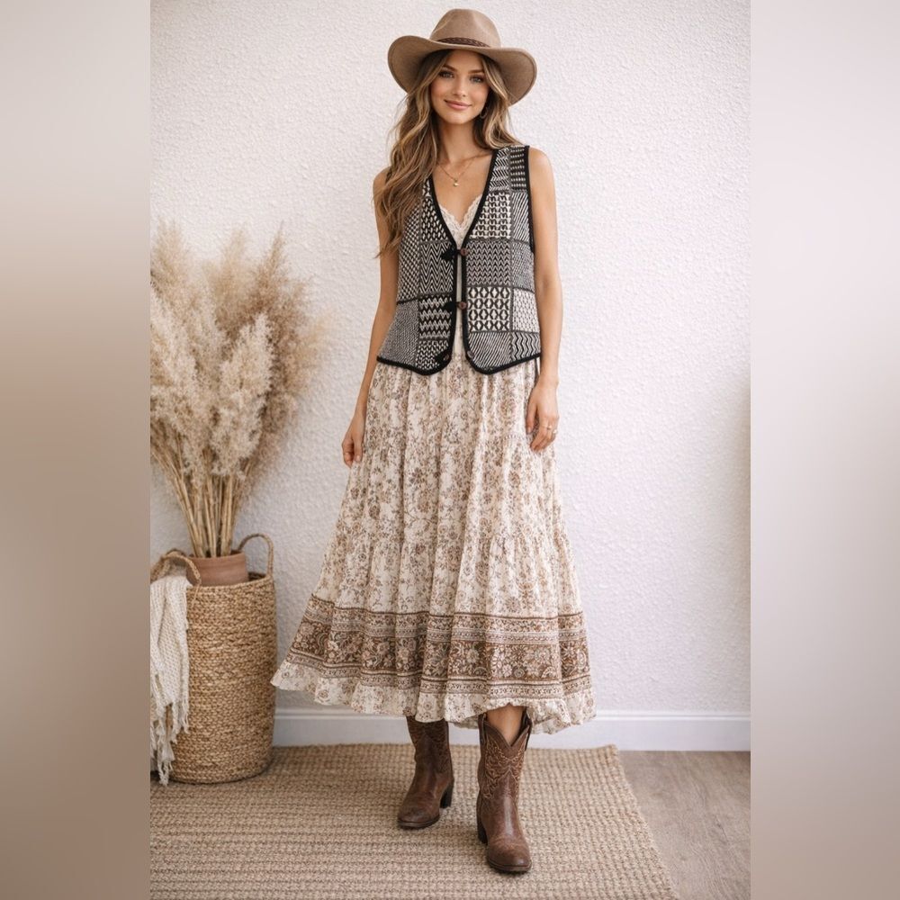 Keren hart vintage knit patchwork western Lagenlook Boho vest 734